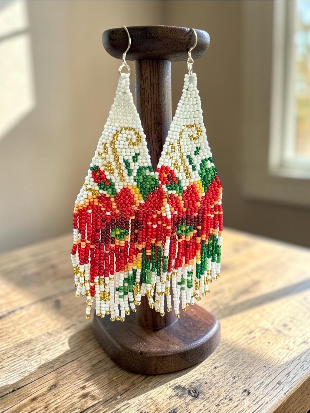 Sterling 925 Loom Beaded Floral Fringe Drop Earrings Seed Bead Poppy Flower NEW